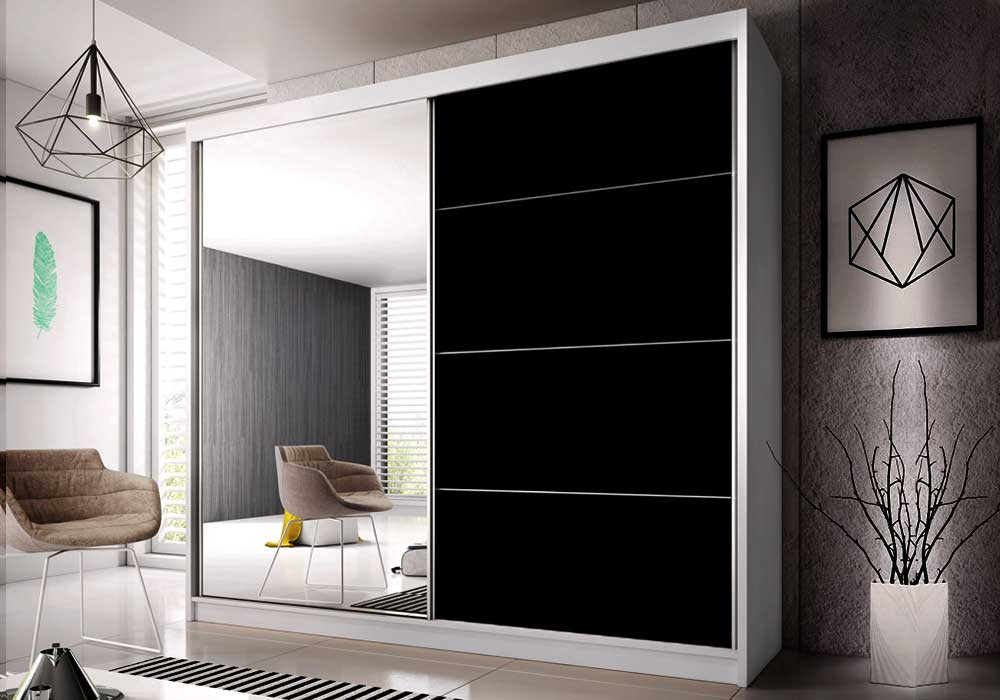 Šatní skříň Queen 31 (203 cm), Bílá / Černý lesk se zrcadlem, Osvětlení: Ne