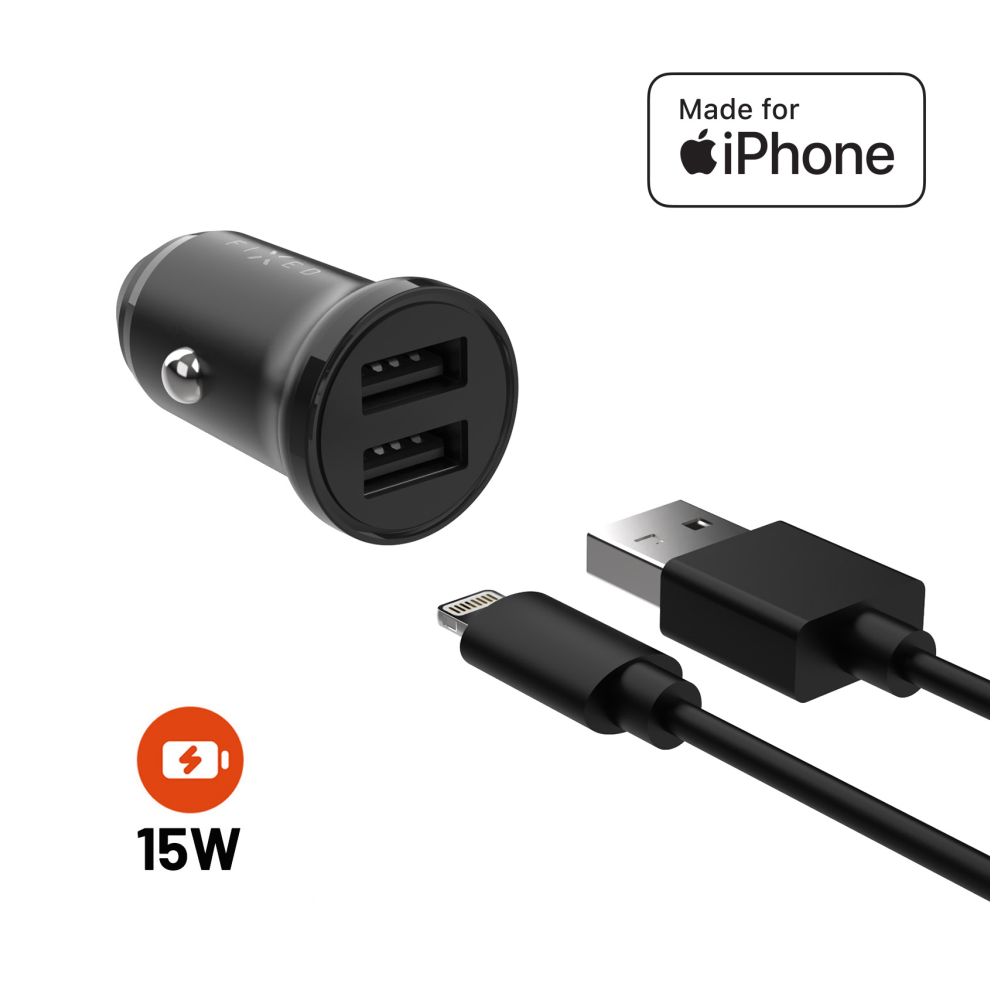 Set FIXED autonabíječky s 2xUSB výstupem a USB/Lightning kabelu, 1 metr, MFi certifikace, 15W Smart Rapid Charge, černá