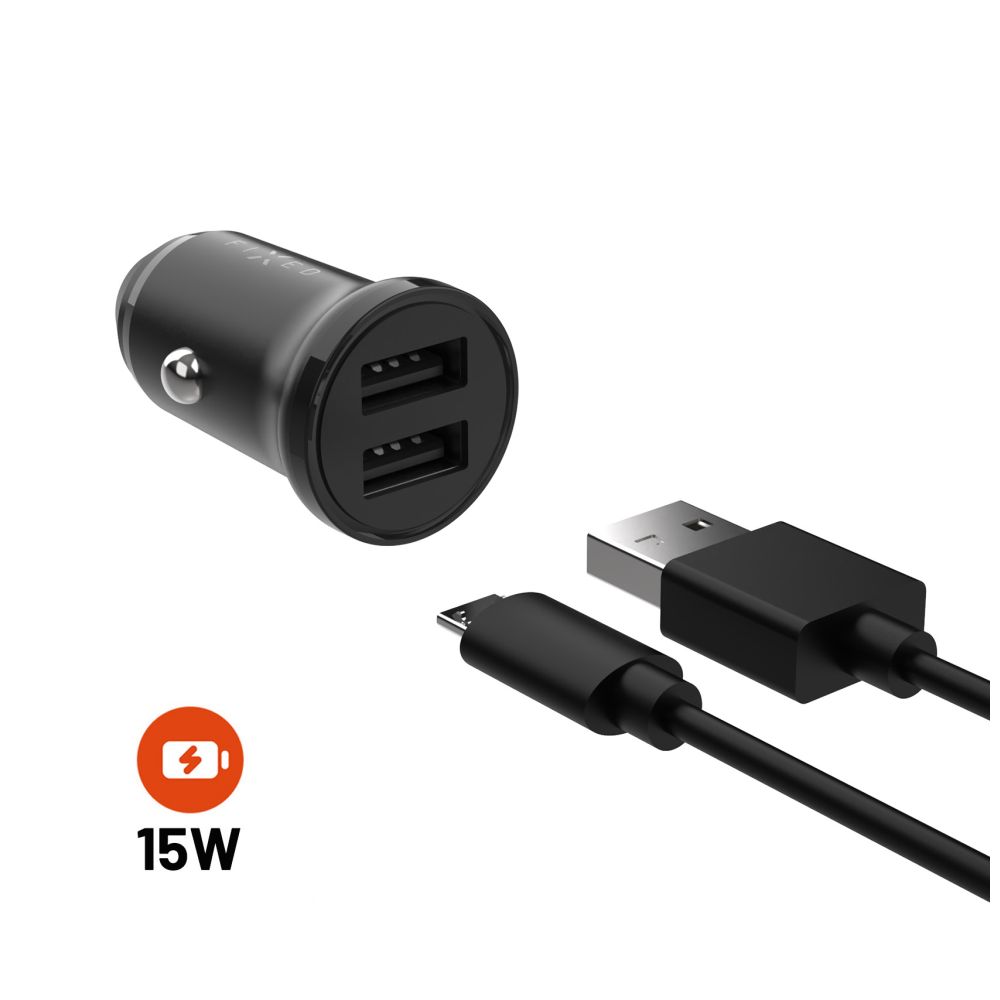 Set FIXED autonabíječky s 2xUSB výstupem a USB/micro USB kabelu, 1 metr, 15W Smart Rapid Charge, černá