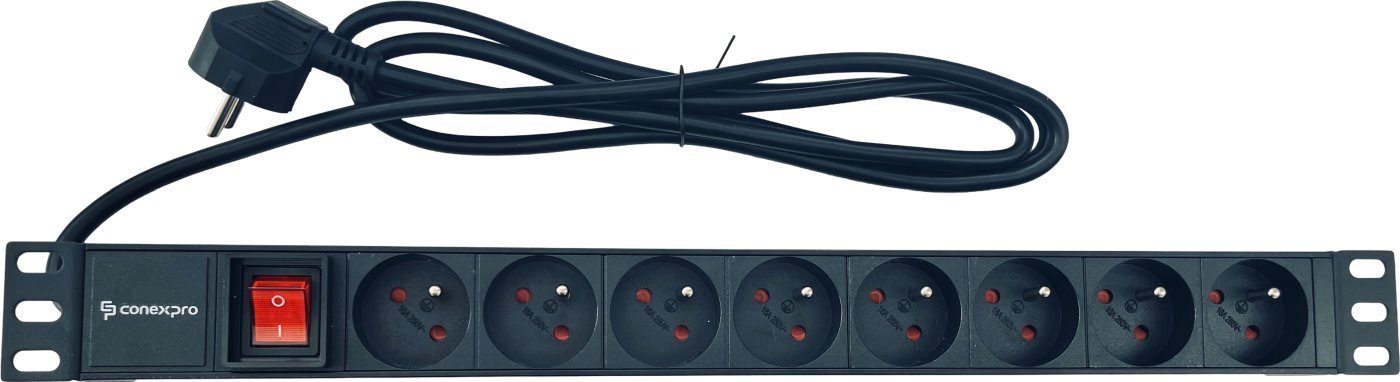 Rozvodný panel Conexpro 19" 8x230V, 16A, černý, kabel 1,4m, hliníkový