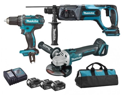 MAKITA DLX3078TX1 SET aku úhlová bruska DGA504 + kombinované kladivo DHR241 + vrtací šroubovák DDF482 + 3x akumulátor + nabíječka + taška
